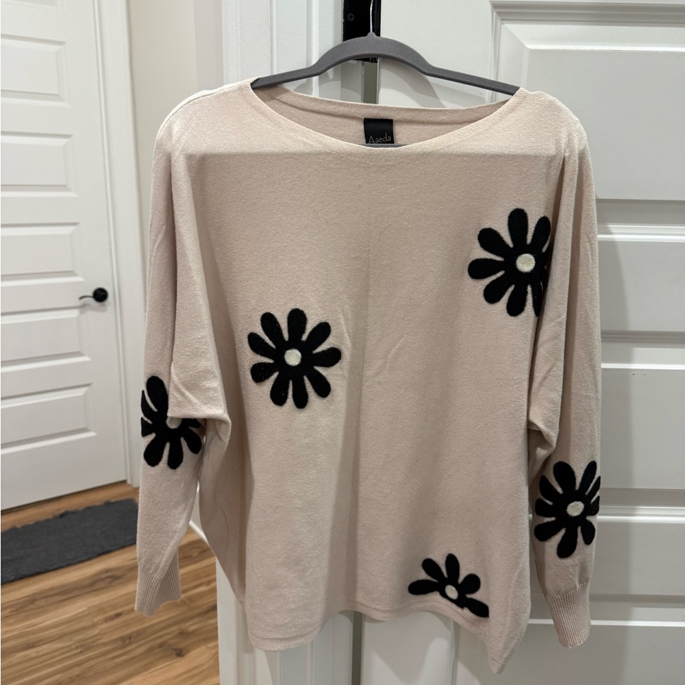 Cream Sweater with Black Floral Design